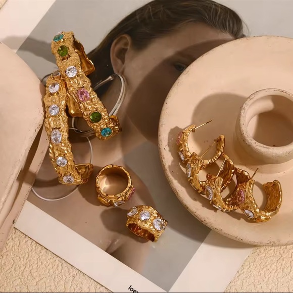 Colorful Gemstone Cuff Bracelet – 18K Gold Plated on Stainless Steel - Picture 5 of 10